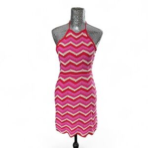 Y2K Boho Crochet Halter Mini Dress Large Pink Red Strappy Back 70s Festival